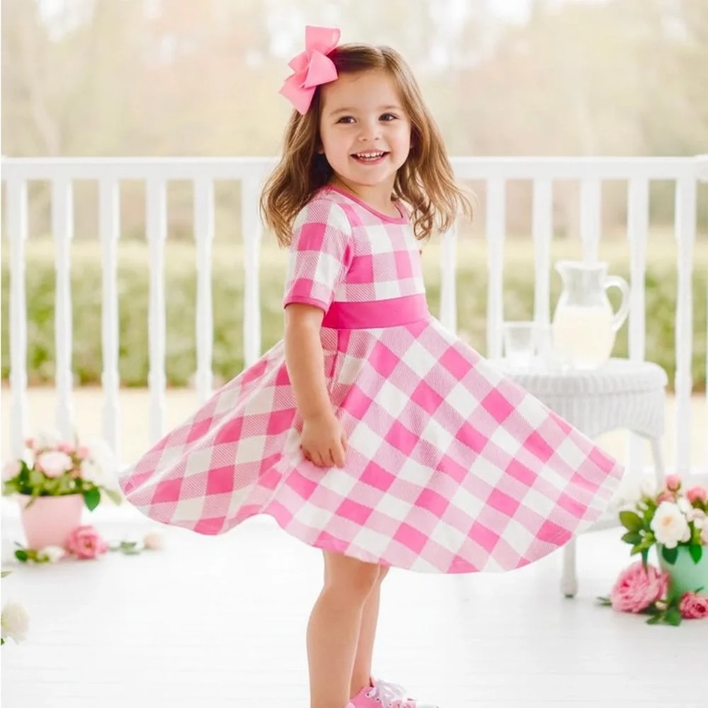 Girls Back to School Plaid Checkered Dress Pink Preppy girls twirl dress pockets
